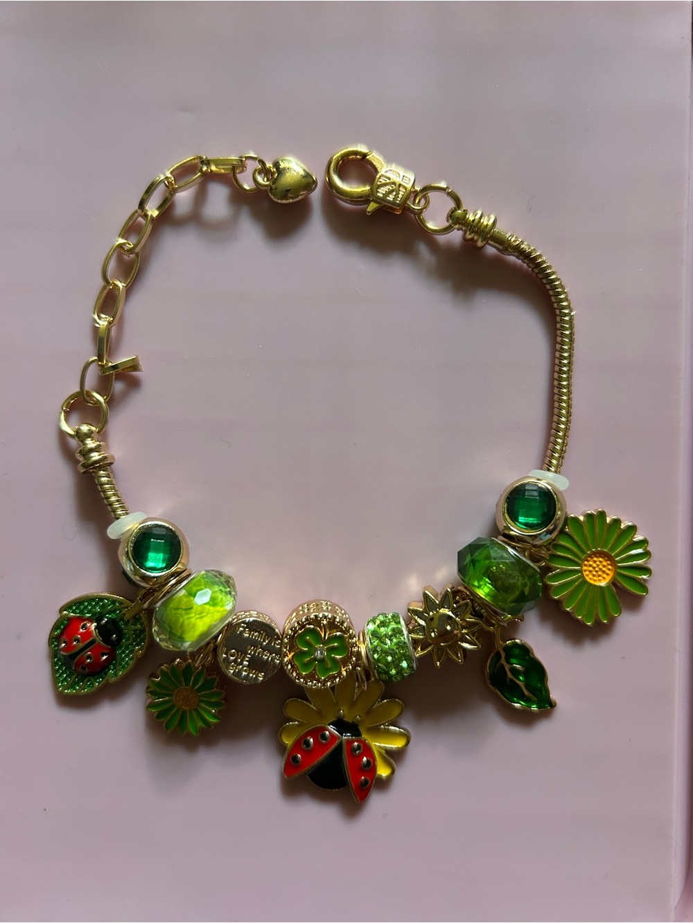 Handmade Gold-Tone Green Charm Bracelet with Ladybug & Flower Accents
